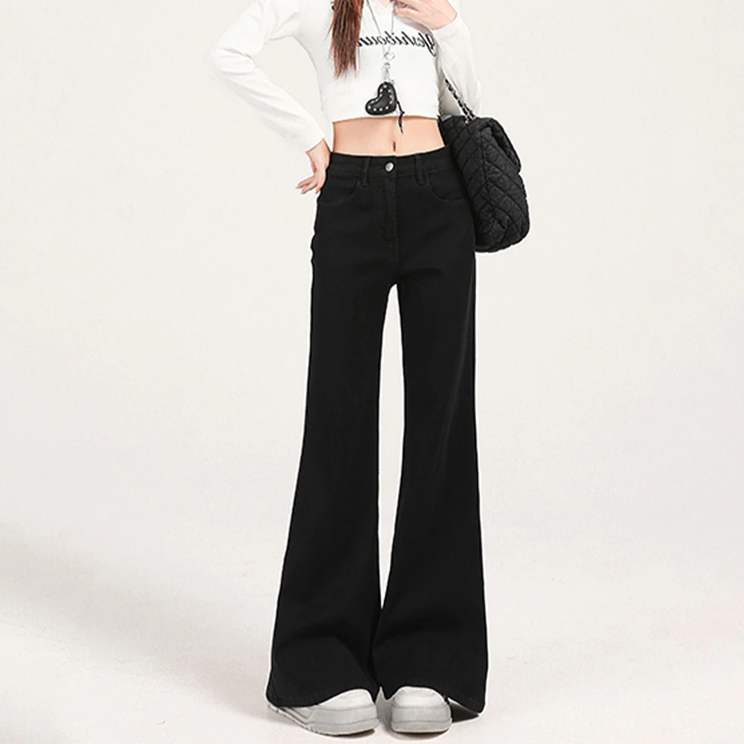 大码黑色简约高腰微喇牛仔裤女梨形身材冬季加绒款遮胯显瘦喇叭裤