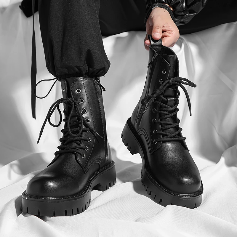 大码45-48码马丁靴男真皮防水防滑黑色厚底增高侧拉链英伦风高帮