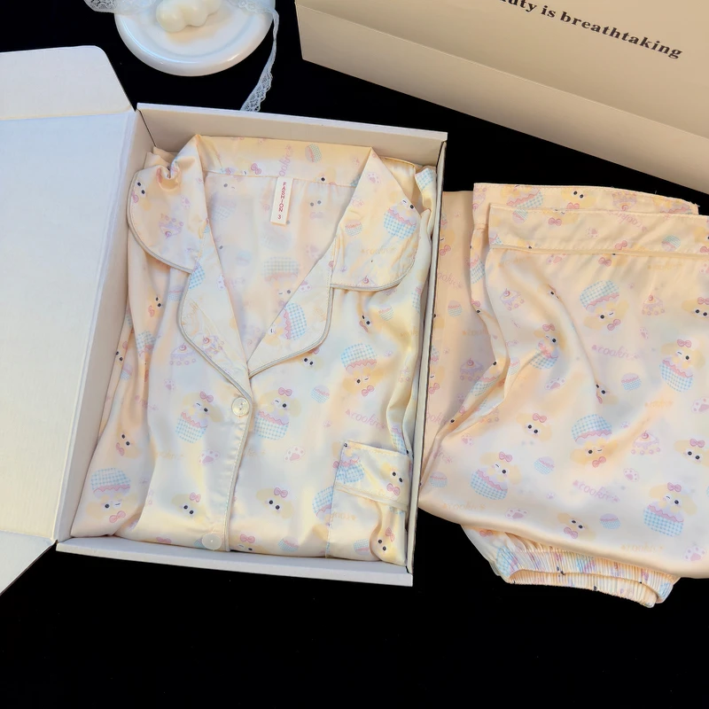 黄油饼饼冰丝睡衣女春秋季长袖长裤薄款可爱甜美高级感家居服套装