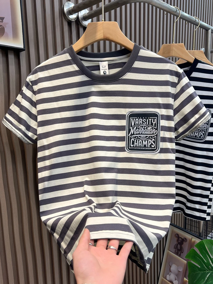 2025夏季新款男士纯棉条纹短袖T恤宽松个性弹力上衣清新文艺潮流