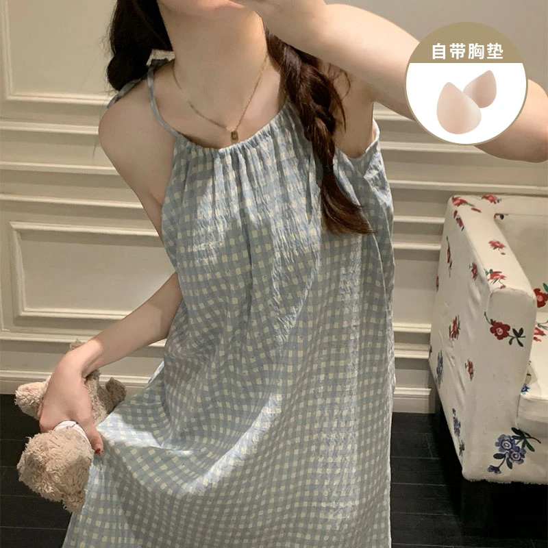网红风爆款蓝格子吊带睡裙女款夏季新款带胸垫裙子外穿睡衣家居服