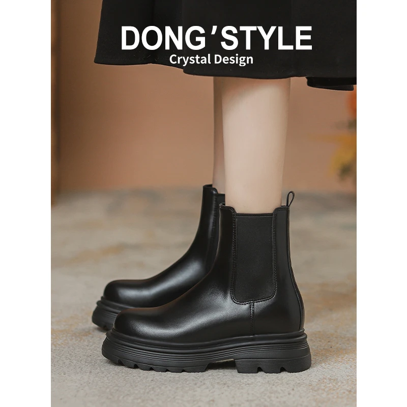 黑色内增高马丁靴女款配裙子2025秋季新款厚底切尔西靴粗跟短靴女