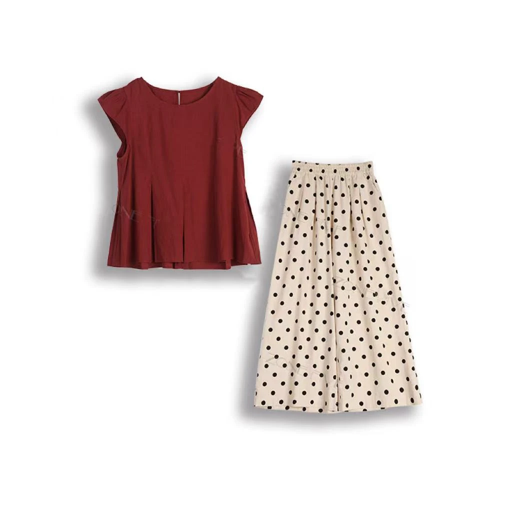 【ShawEleven】韩版时尚气质小飞袖衬衫上衣+波点阔腿裤两件套套装