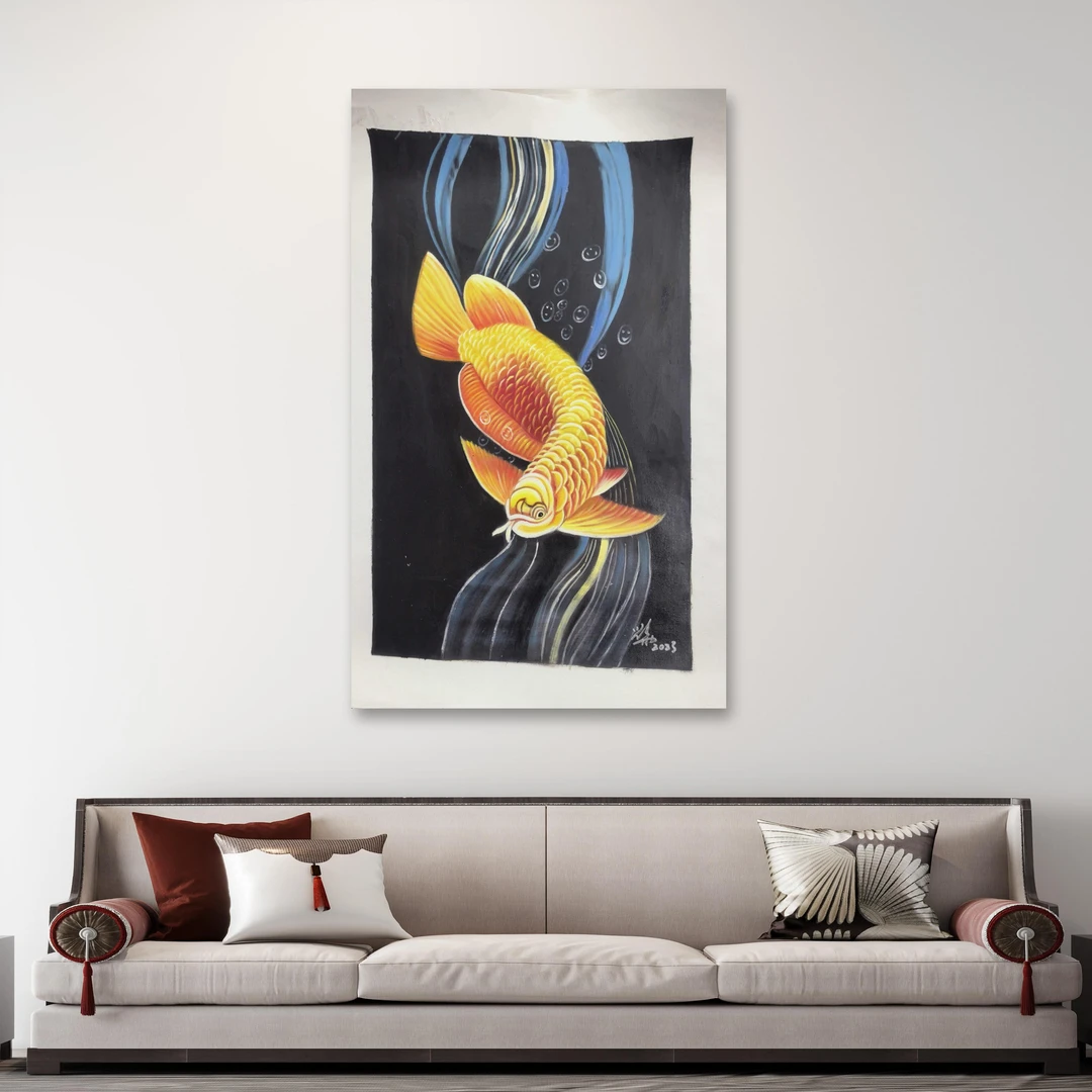刘用华-手绘油画-金龙鱼（左）-客厅办公室挂画