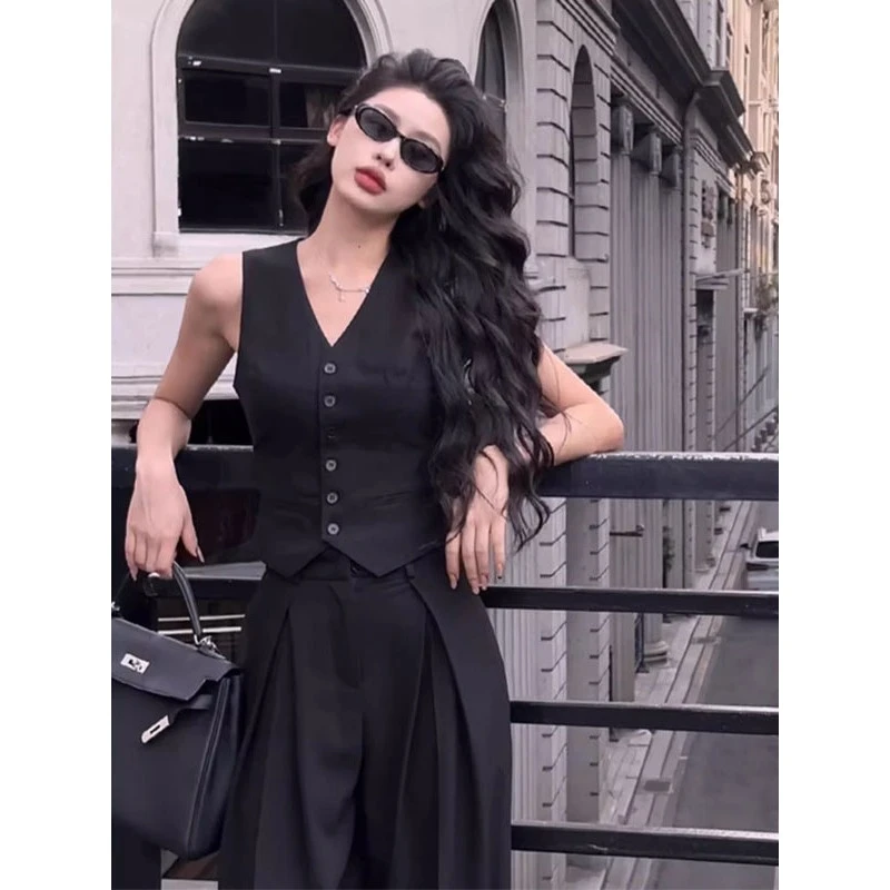 M118 V领西装马甲背心女短款无袖上衣时尚修身复古港风高级感套装