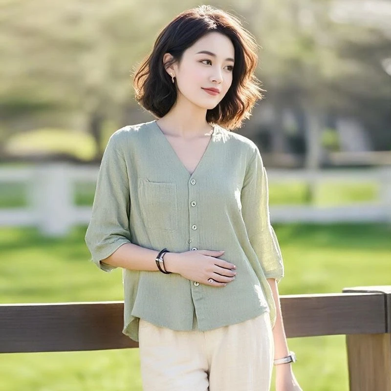2025夏季新款V领时尚衬衫遮肉显瘦遮肚子五分袖洋气衬衣宽松上衣