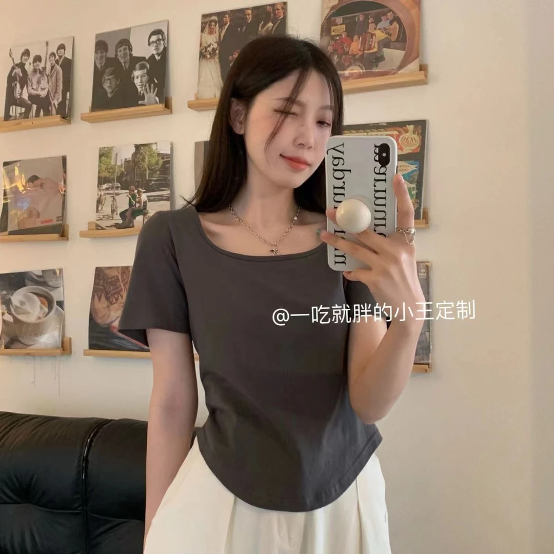 【小王家】大码胖M正肩短袖T恤女2025新款夏季纯欲方领显瘦短款上衣