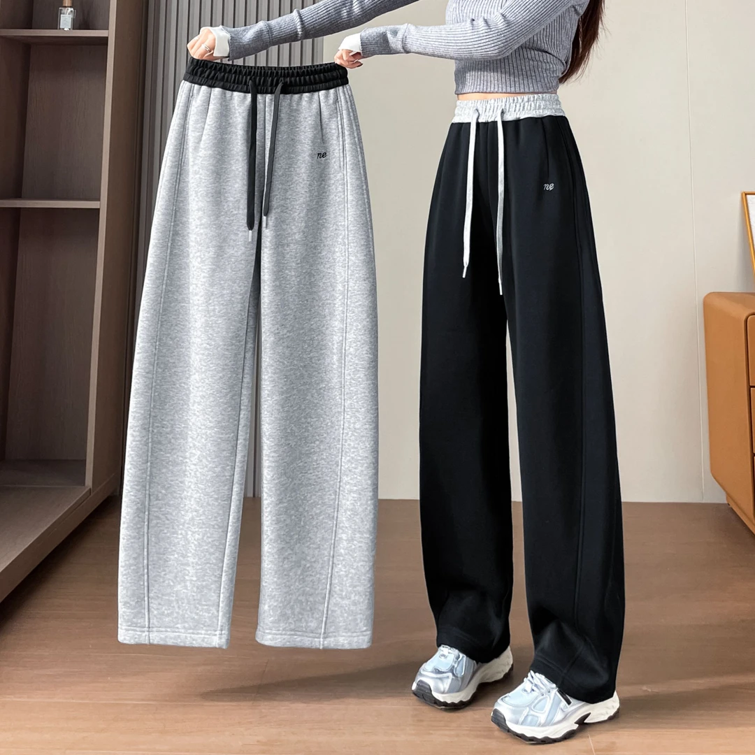 慵懒风高腰运动阔腿裤女秋冬宽松垂感休闲显瘦直筒云朵加绒弯刀裤
