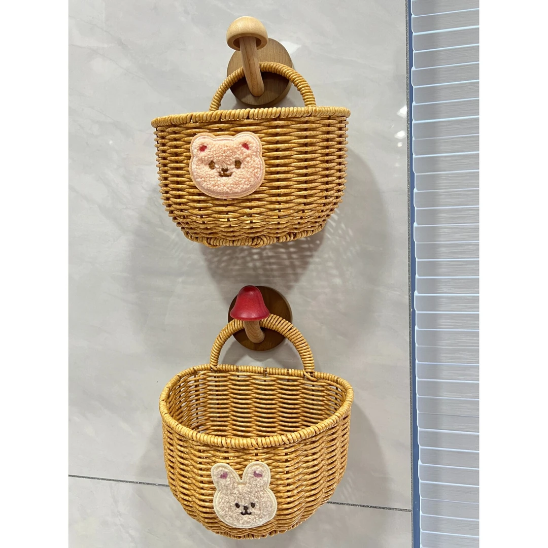 MOMO辣子姜蒜收纳篮卡通厨房仿藤编织鸡蛋生姜大蒜收纳筐壁挂式置