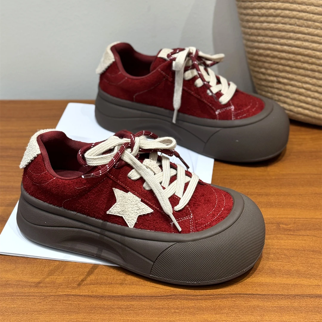 真皮厚底星星双鞋带大头板鞋女2025新款秋韩版丑萌复古时髦休闲鞋