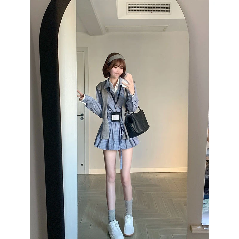 韩系学院风中长款衬衫式收腰连衣裙女2025早秋款衬衫裙+披肩套装