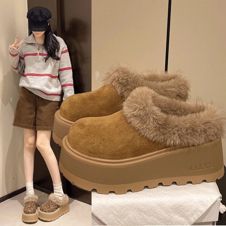 2025秋冬季韩版罗马元素休闲包头拖磨砂皮棉拖鞋防滑厚底增高7CM