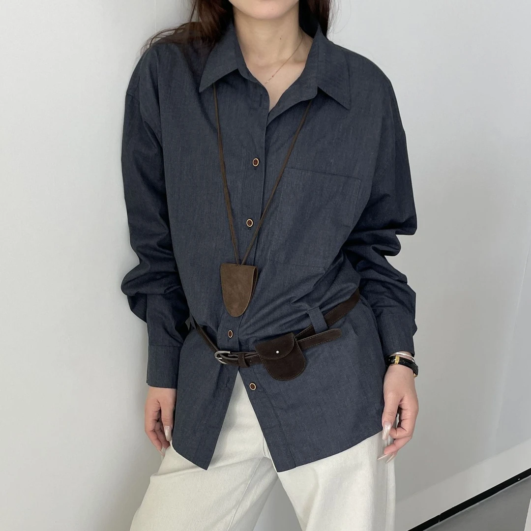 松弛衬衫】女2025年上衣初【简感长袖秋季翻领显瘦新款2021配腰带