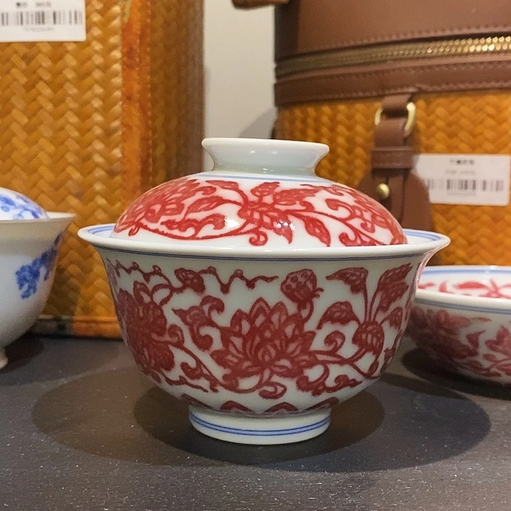 陶摆件全红缠枝莲釉里红盖碗120cc