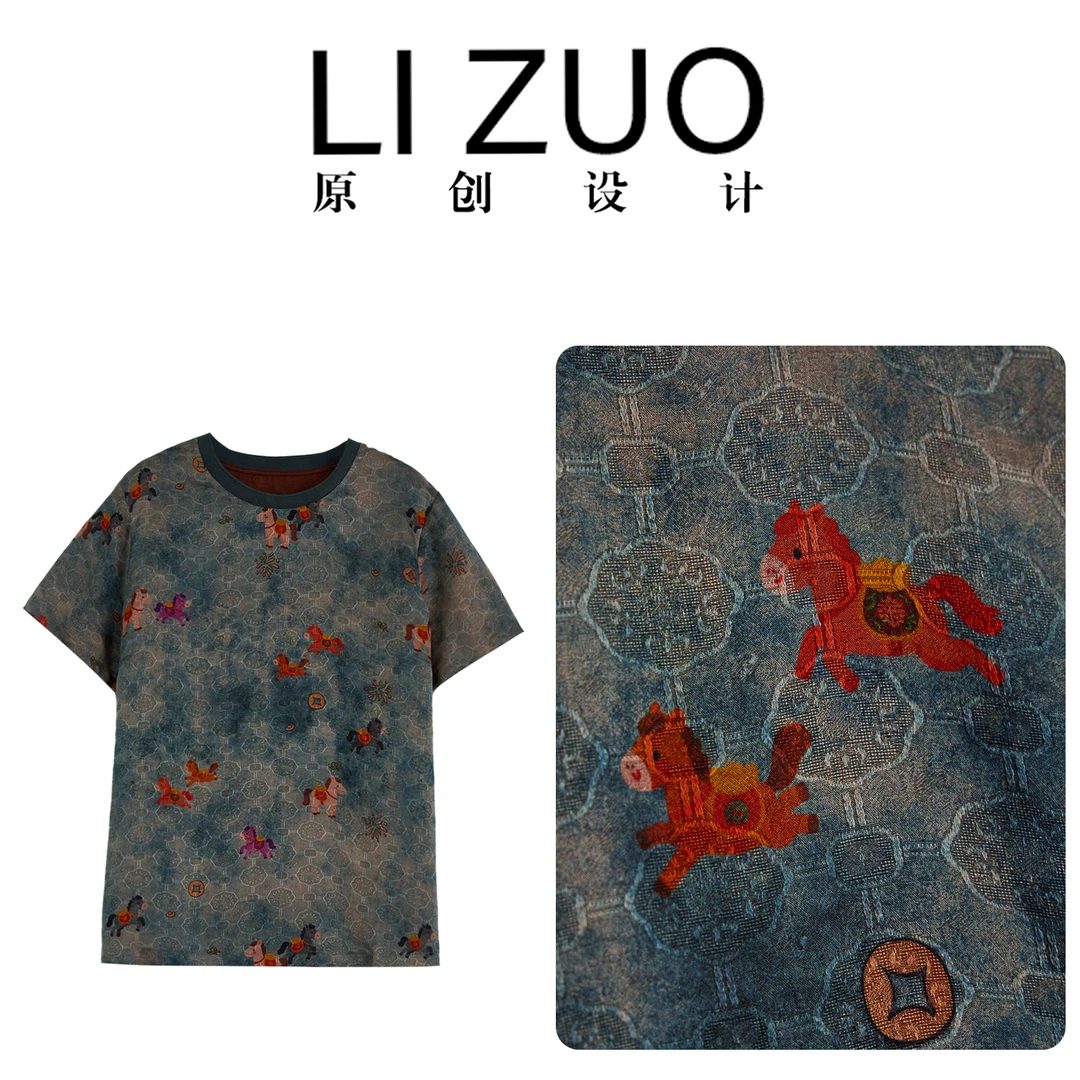 “马上有钱”大码胖mm老钱风25姆米真丝杭锦时尚扁机领半袖上衣9622