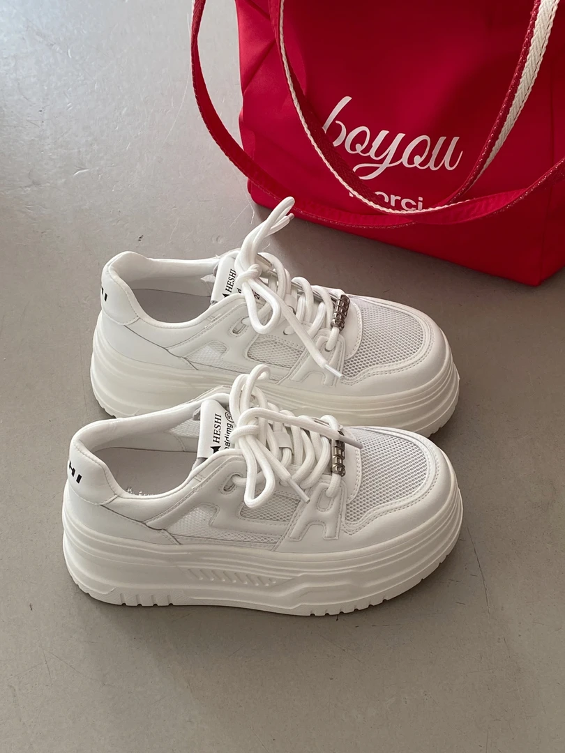 2025夏季新款真皮厚底增高小白鞋网面透气软底时尚休闲鞋968-39