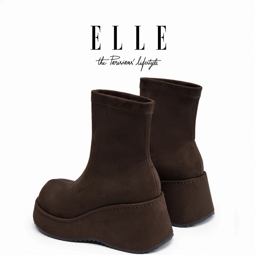 ELLE时髦厚底短靴女2025秋冬爆款法式不累脚高跟靴坡跟弹力瘦瘦靴