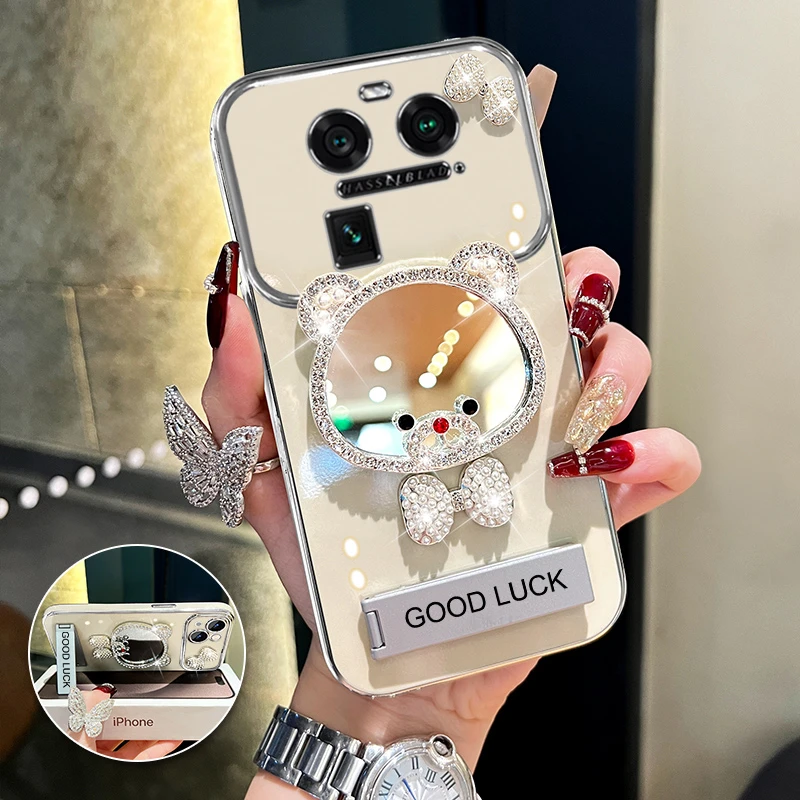 适用oppofindx6领结熊补妆镜大视窗手机壳创意防摔网红女款