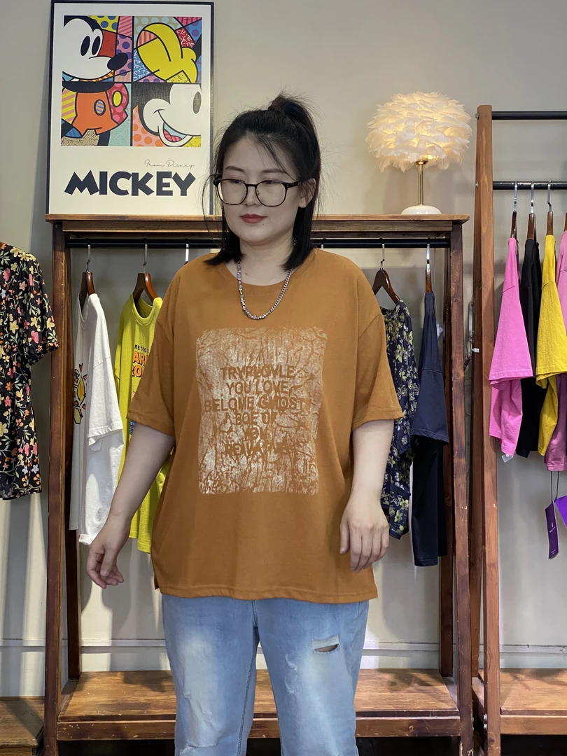 T恤-10635大码女装春夏棉质胖MM宽松文艺休闲百搭潮流字母圆领