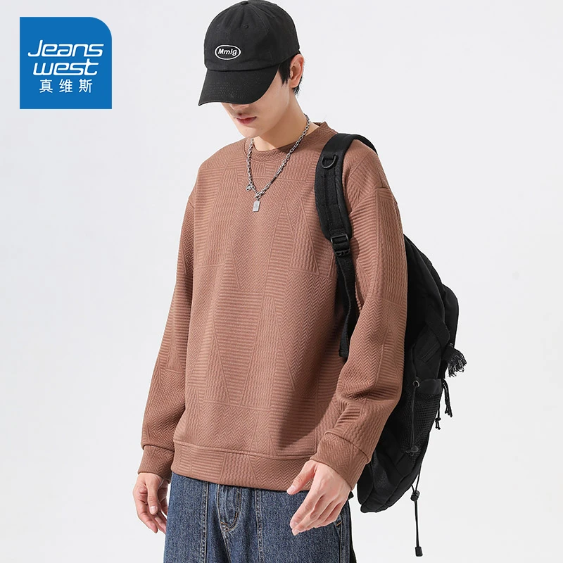 Jeanswest/真维斯男士宽松舒适圆领卫衣春秋潮牌百搭休闲打底上衣
