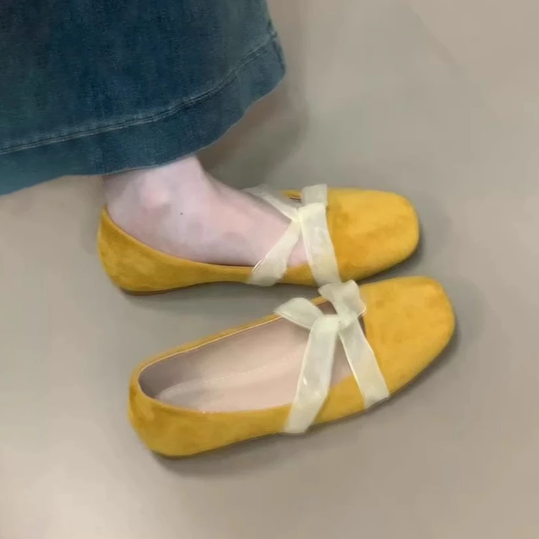 羊皮版~法式晚晚风温柔蕾丝交叉带浅口单鞋通勤平底鞋女芭蕾舞鞋