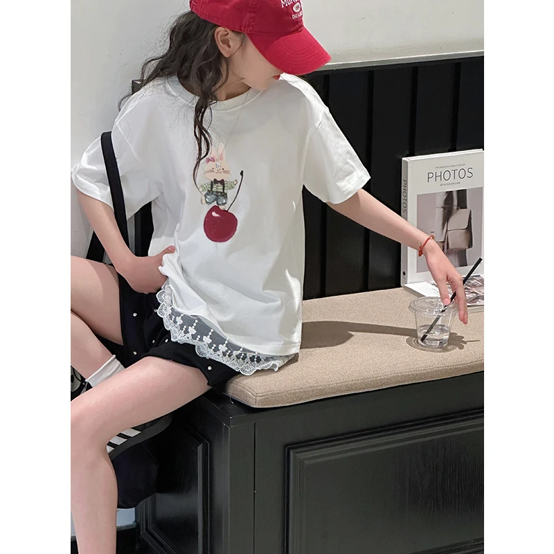 k28542蕾丝拼接女童夏装T恤儿童短袖上衣2025新款休闲大童衣服潮t