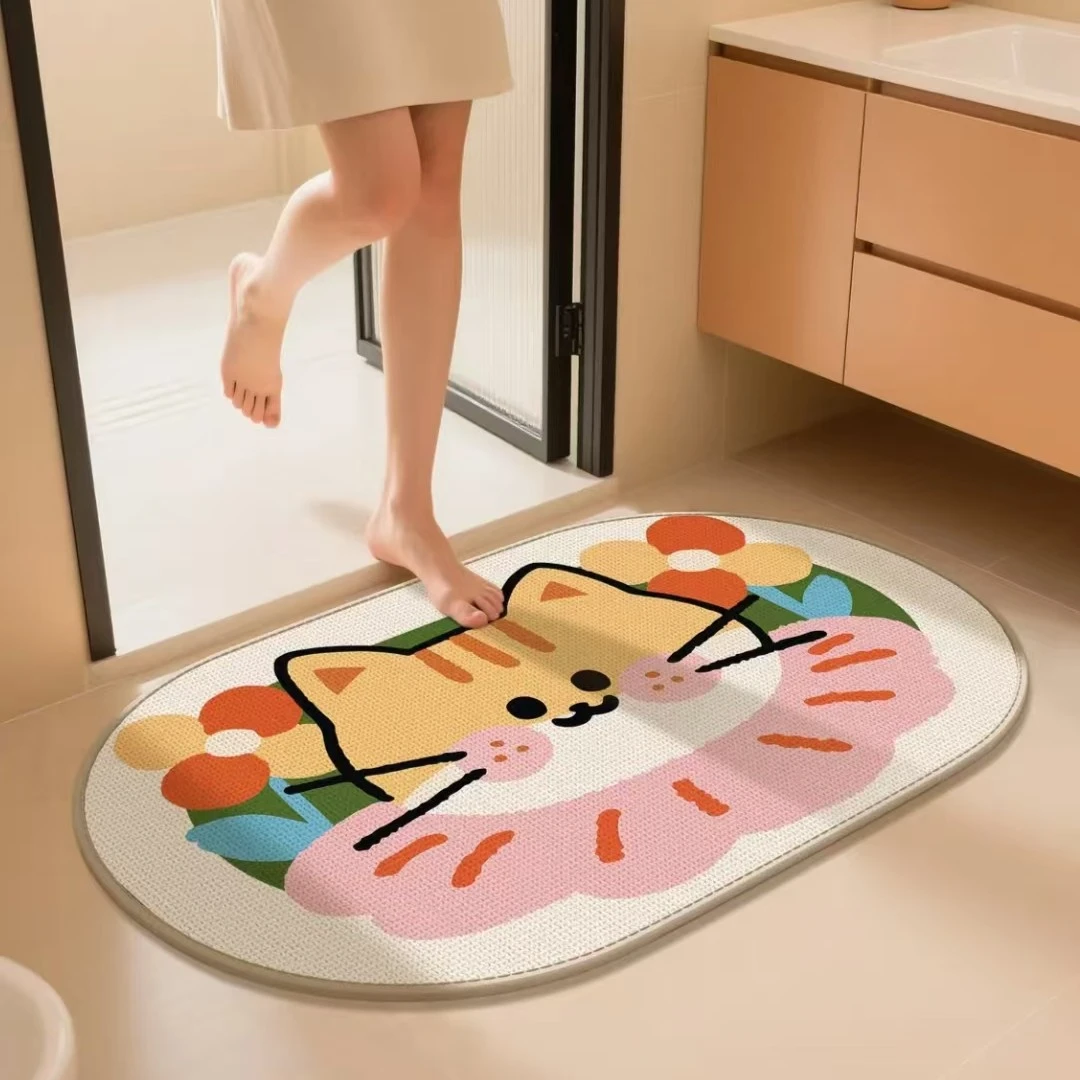亚麻编织网红卡通椭圆浴室地垫卧室脚垫防滑吸水卫生间厕所玄关