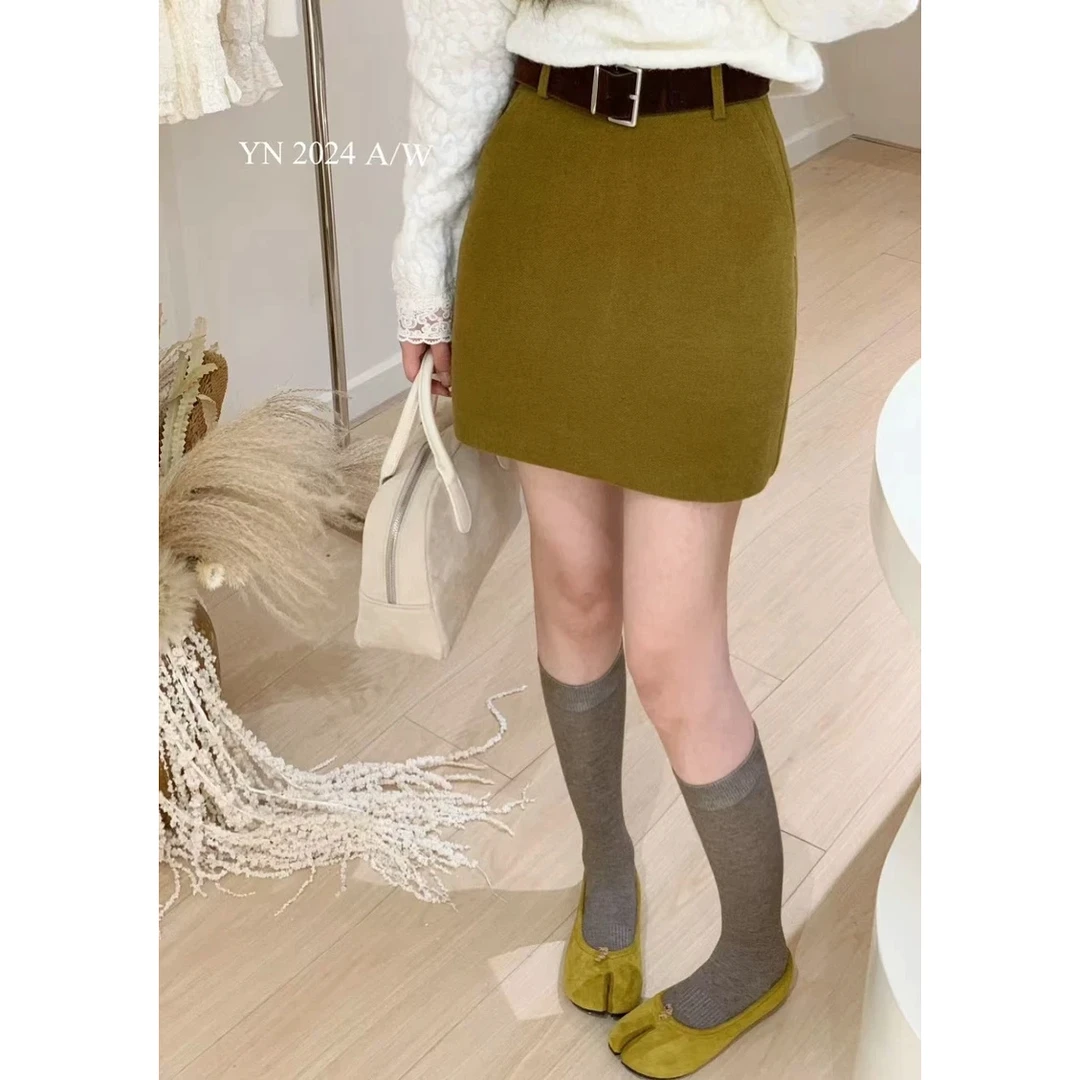 防走光高腰显瘦包臀短裙复古咖色毛呢a字半身裙 7796