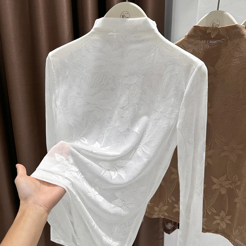 白色花卉蕾丝长袖打底衫女新款气质小高领时髦穿搭慵懒风宽松上衣