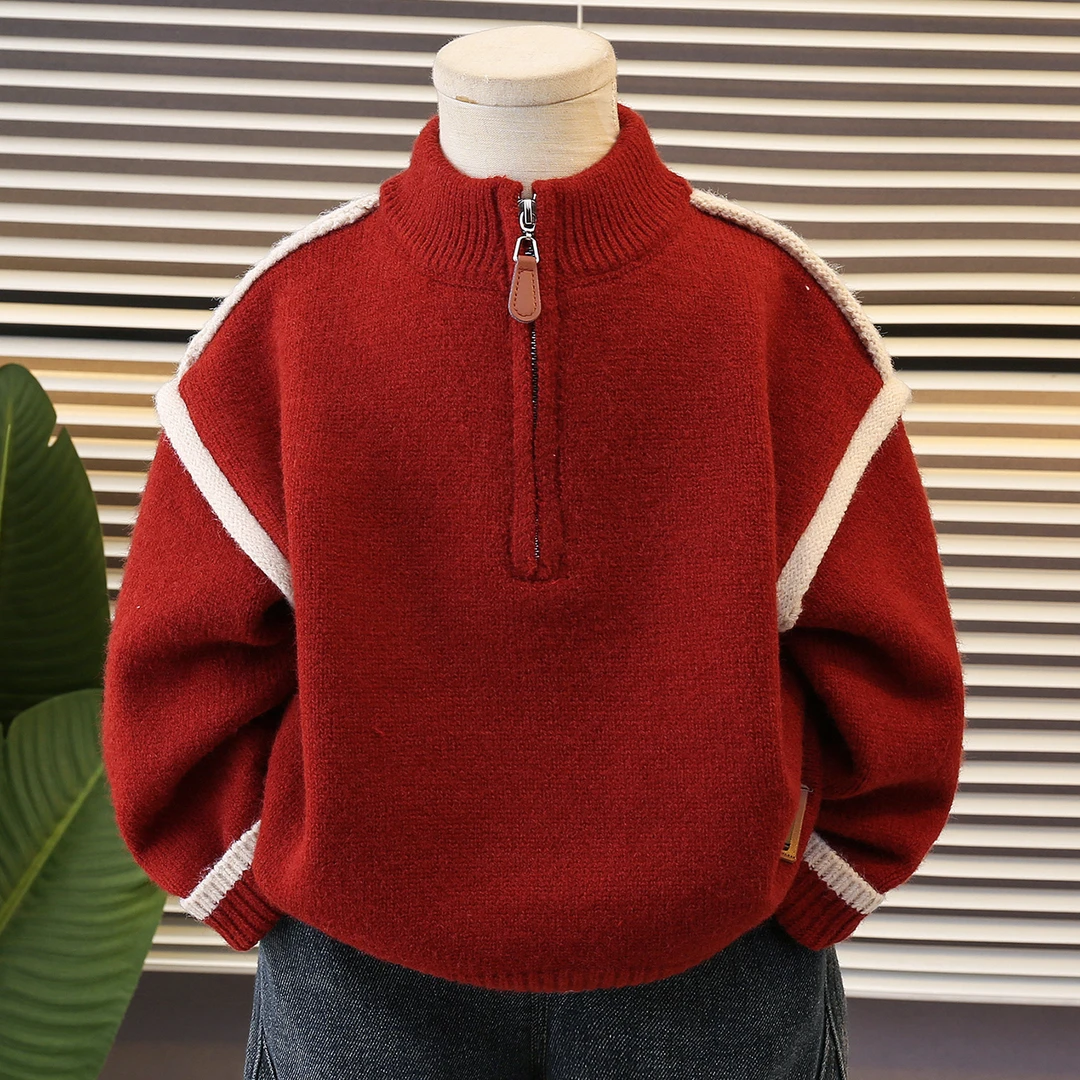 男童红色毛衣加厚冬季2025新款半开领儿童帅气针织衫宝宝冬装衣服
