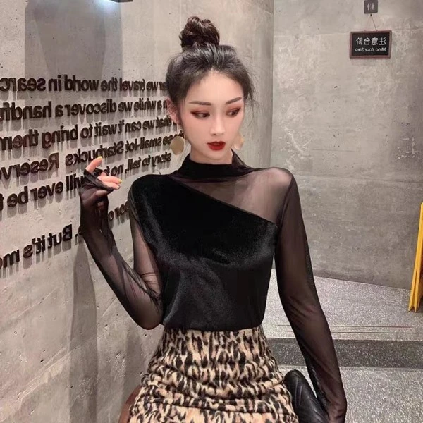 拼接半高领纱网常规长袖拼色T恤蕾丝性感衫