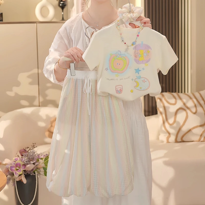 女童花苞裤套装2025夏季新款宽松儿童短袖两件套洋气大童夏装运动