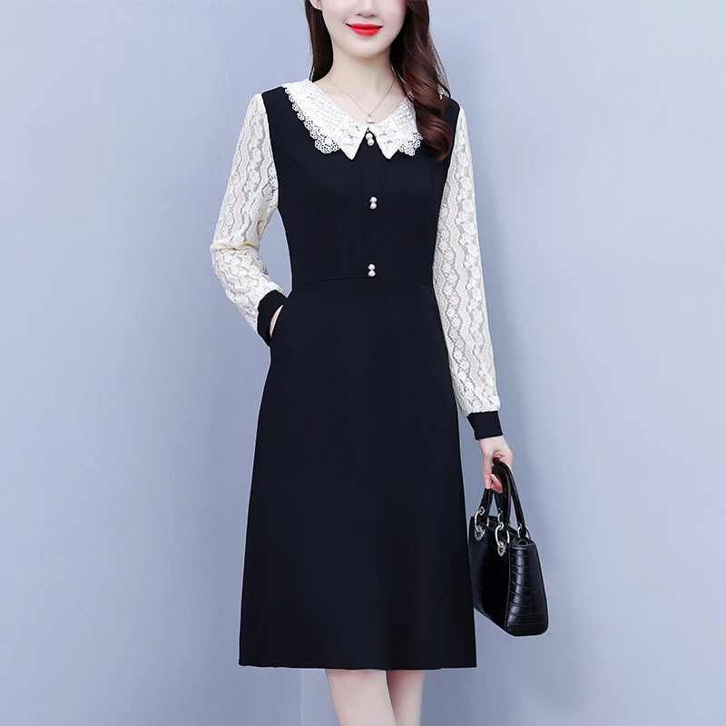 高端蕾丝拼接刺绣领口连衣裙2025名媛范春秋新款大码气质显瘦裙子