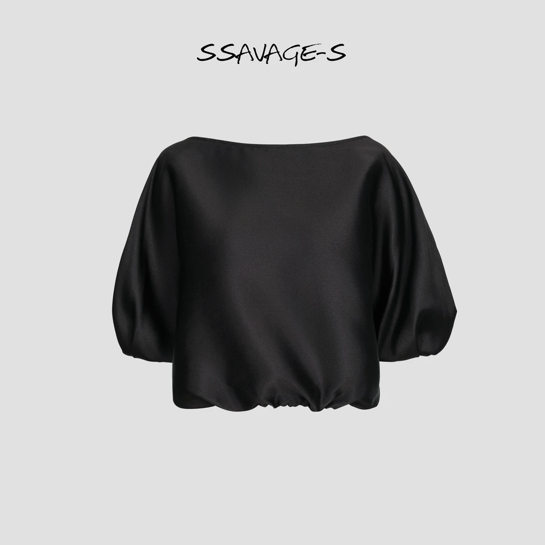 SSAVAGE“典藏黑胶”法式灯笼袖一字肩露肩缎面上衣SS90819