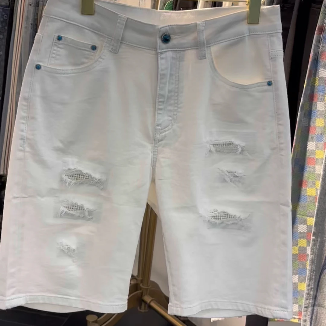 2025夏季破洞时尚短裤高级烫钻男士白色牛仔裤 五分裤