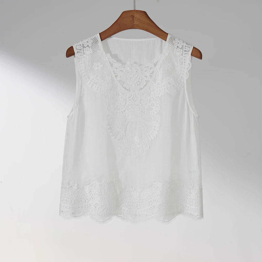 西子/【小自在】100苎麻重工蕾丝法式雕花轻盈透气白色背心/SYHJ047