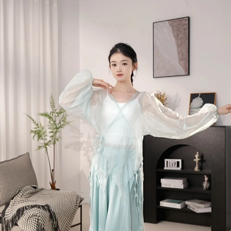 古典舞宽松显瘦长袖灯笼袖花朵舞蹈服上衣中国舞民族舞春夏练功服