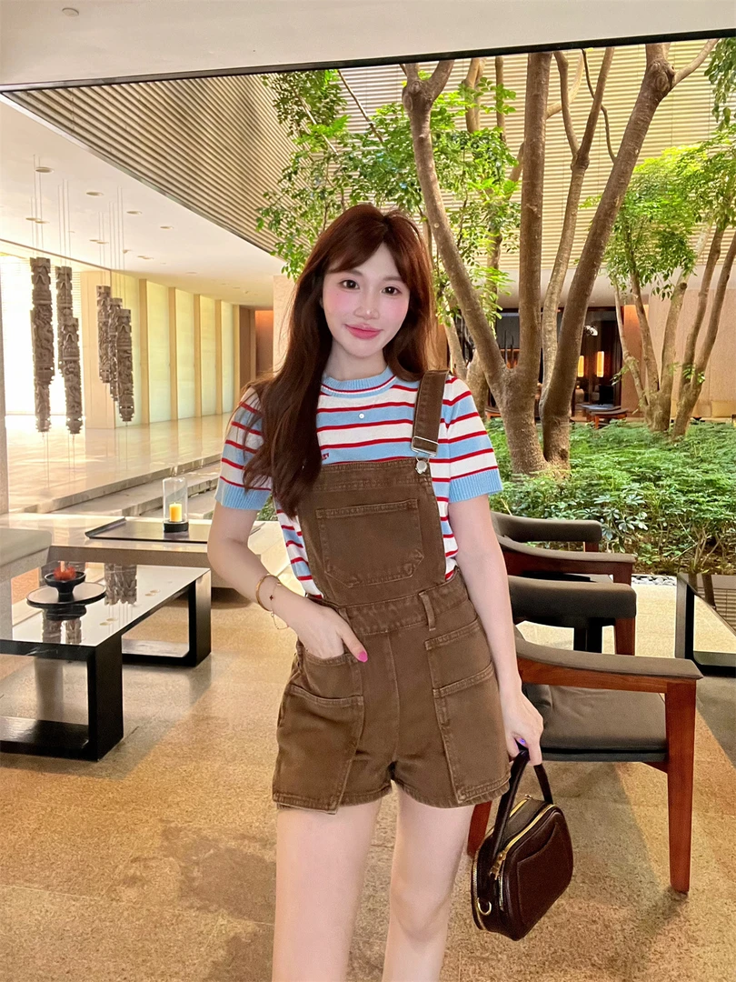 JENNIFER JXLIU 自留～百搭时髦美式复古咖色牛仔背带裤短裤显长腿