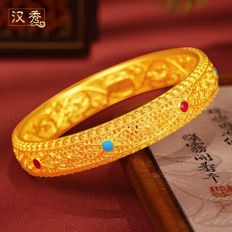 汉秀足金如意圆满手镯女款国风传承花丝镯子妈妈皇后手镯送老婆