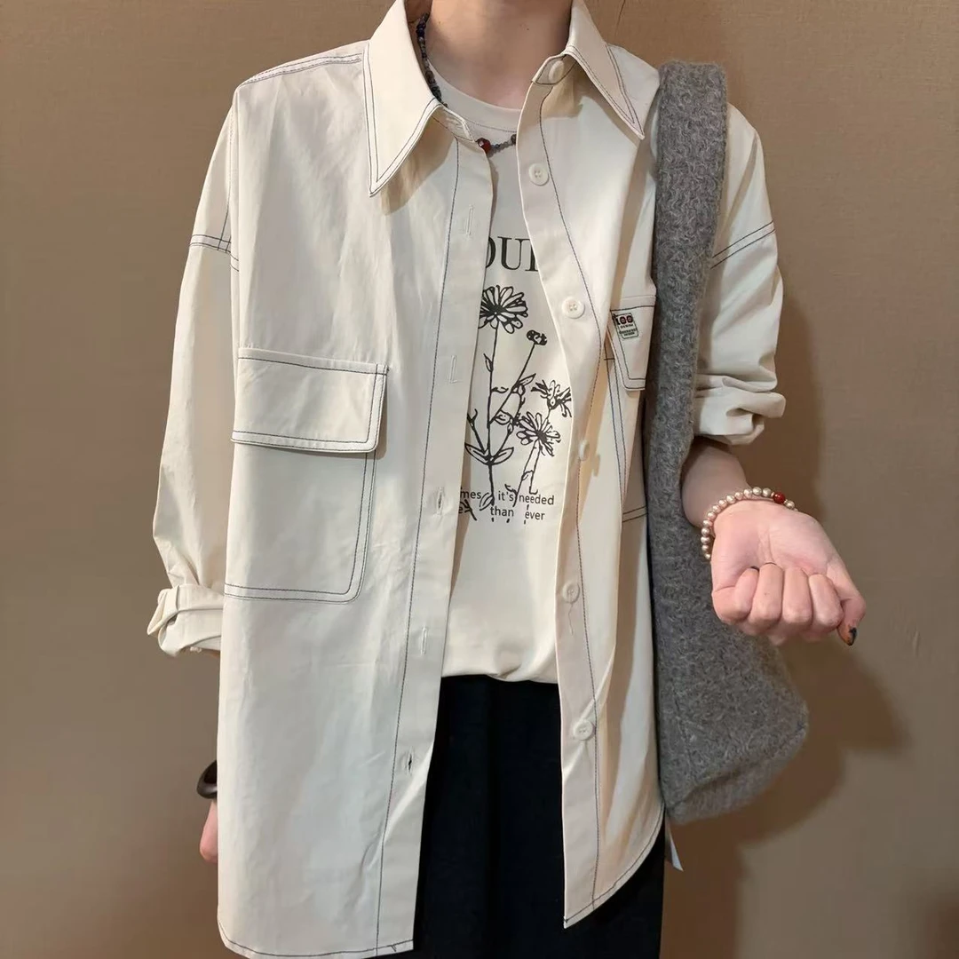 韩系明线米色大版衬衫