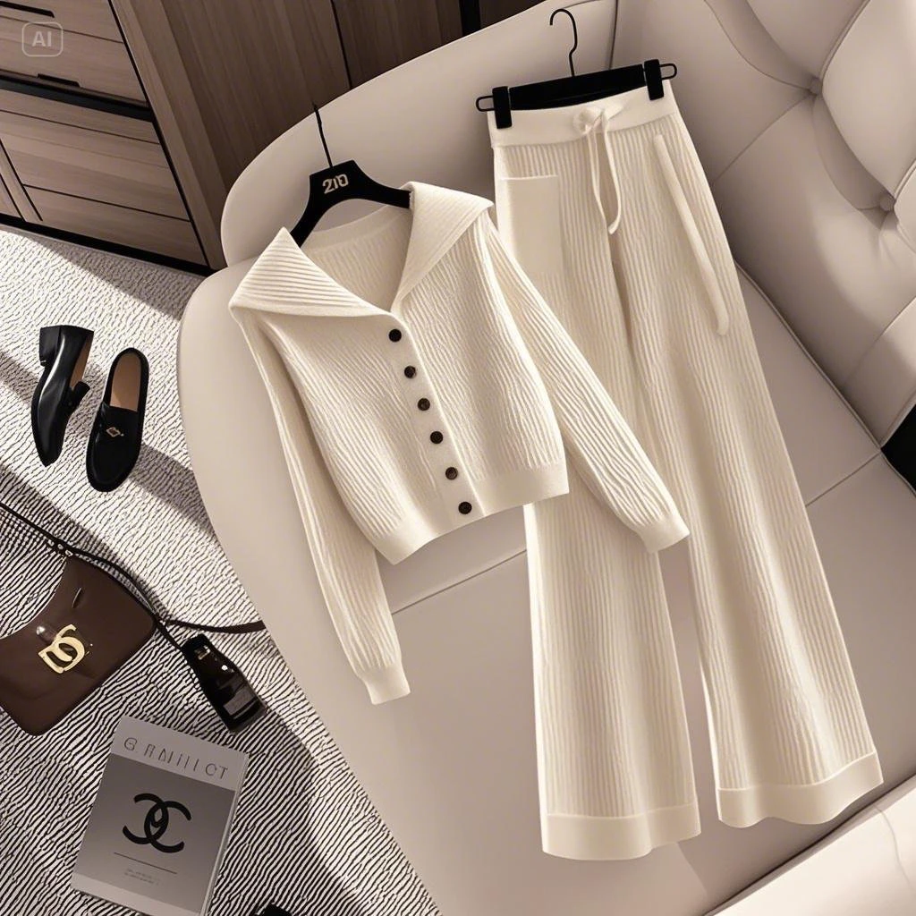 欧洲站女装洋气针织开衫外套长裤两件套2025春装爆款毛衣一整套装