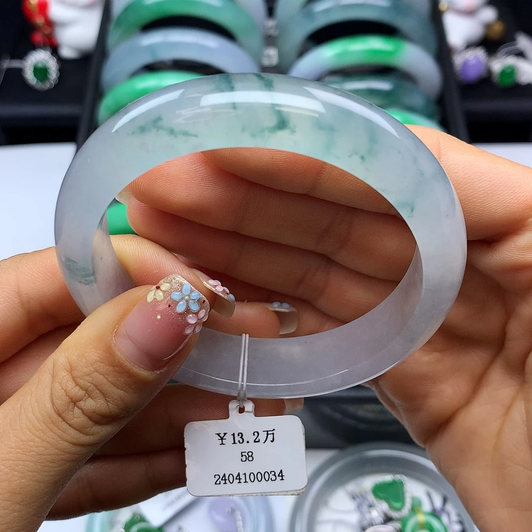 翡翠手镯未镶嵌58冰飘花正圈