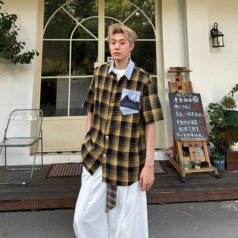 夏季现货爆款男女格子短袖衬衫外套休闲百搭黄色格子衬衫