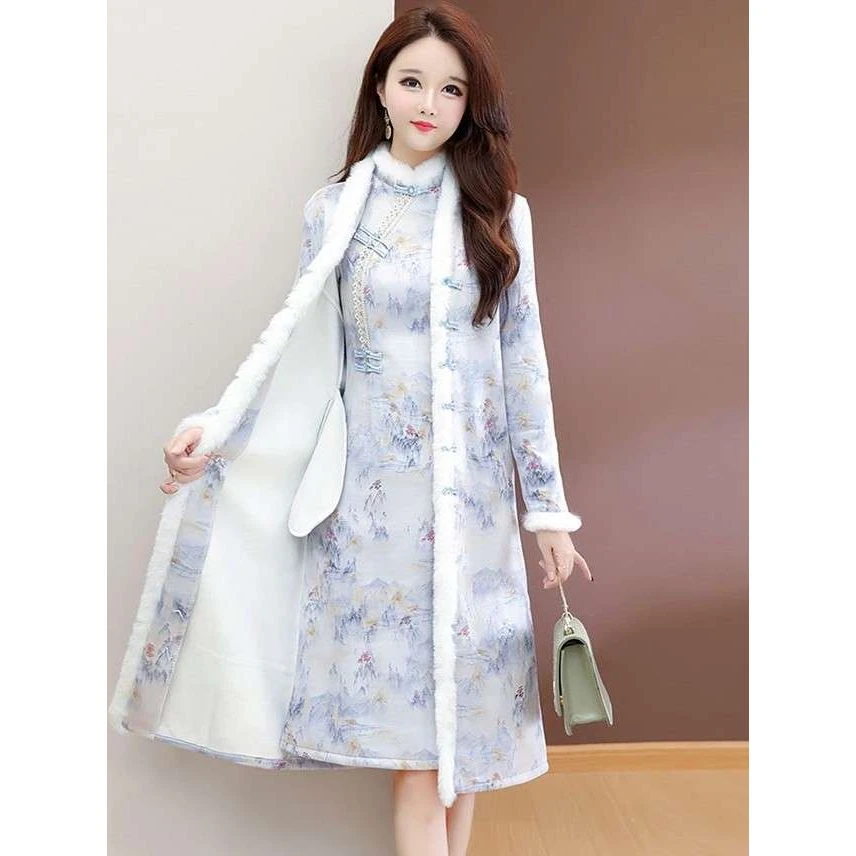 2025冬季新款国风气质中长款旗袍外套女装加绒加厚保暖新中式大衣