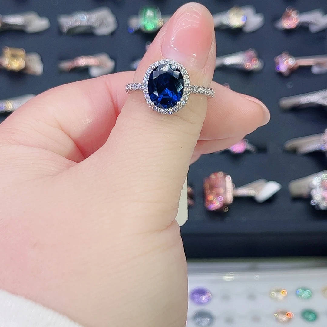 莫桑石非金属蛋形女戒三卡蓝宝-15