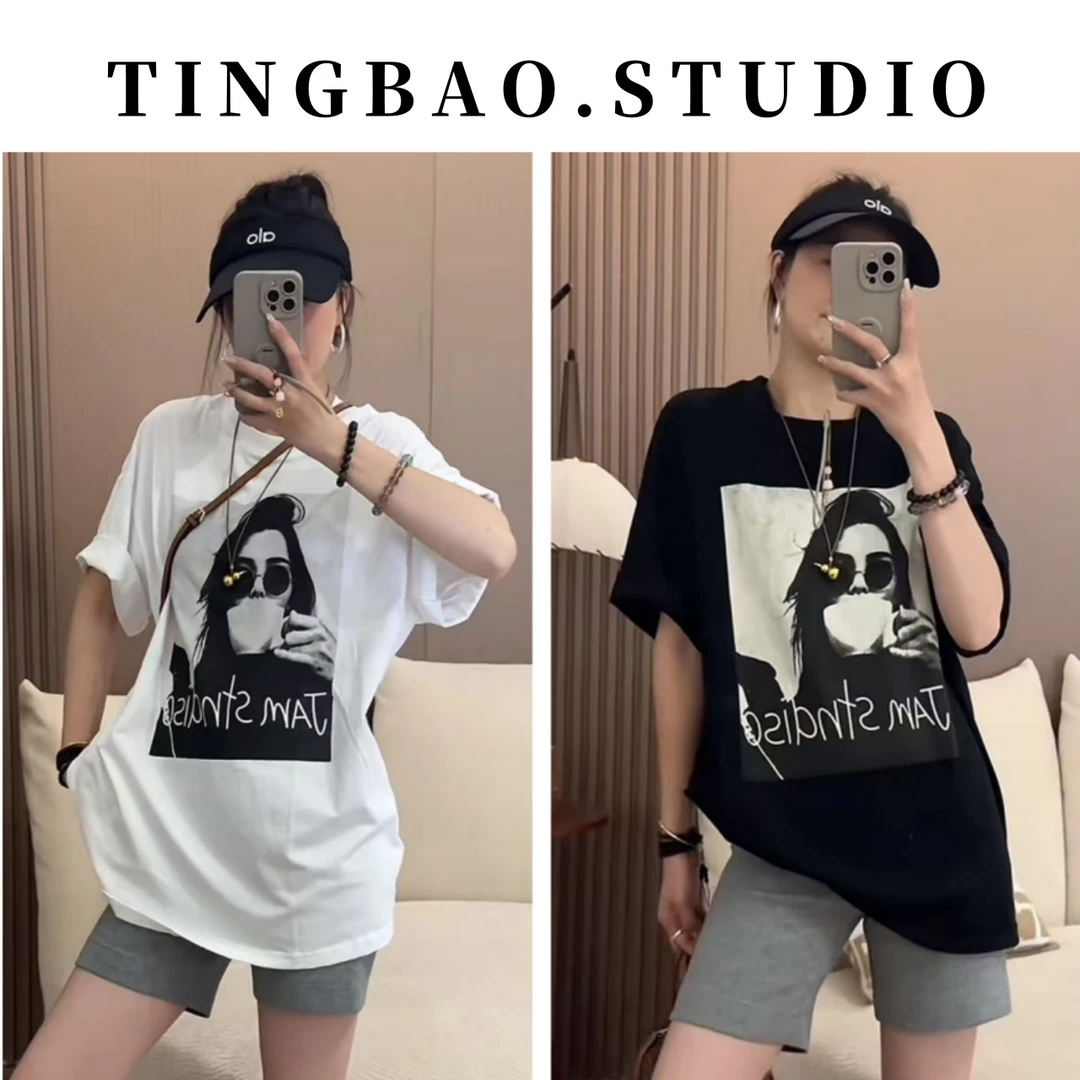 【美女咖啡】100%棉~新款潮oversize风美式人物印花短袖T恤上衣