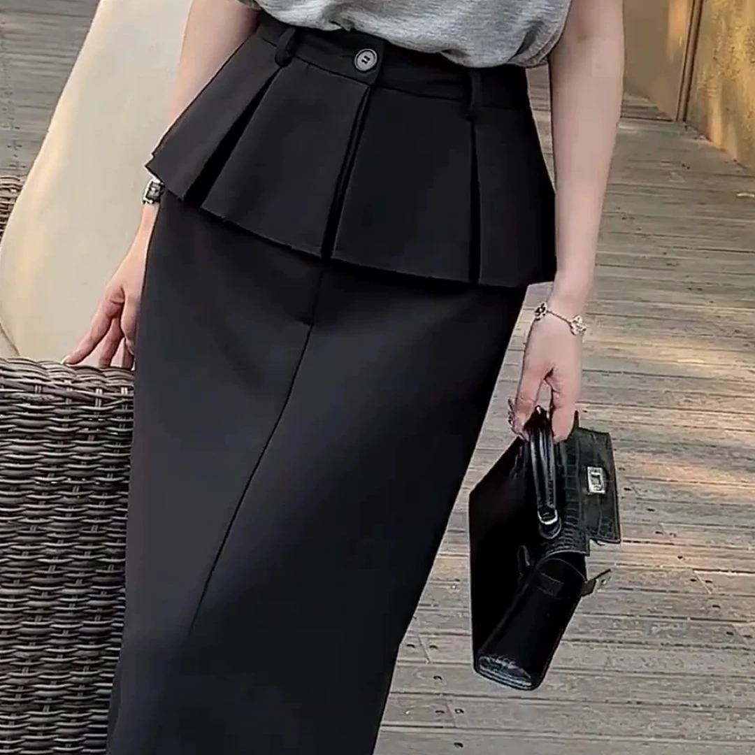 设计感假两件高腰百搭夏季中长半身裙秒杀