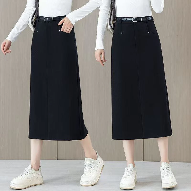 A字裙显瘦包臀中长裙气质过膝高腰黑色半身裙休闲裙子