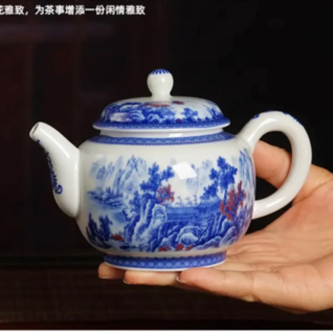 青花釉里红清流胜境山水茶壶
