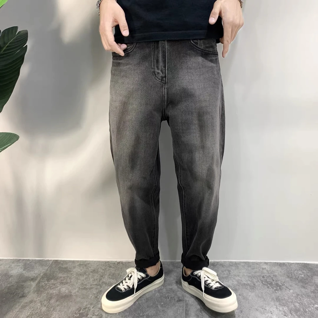高品质渐变潮流水洗牛仔裤男士宽松锥形裤做旧烟灰色老钱风哈伦裤